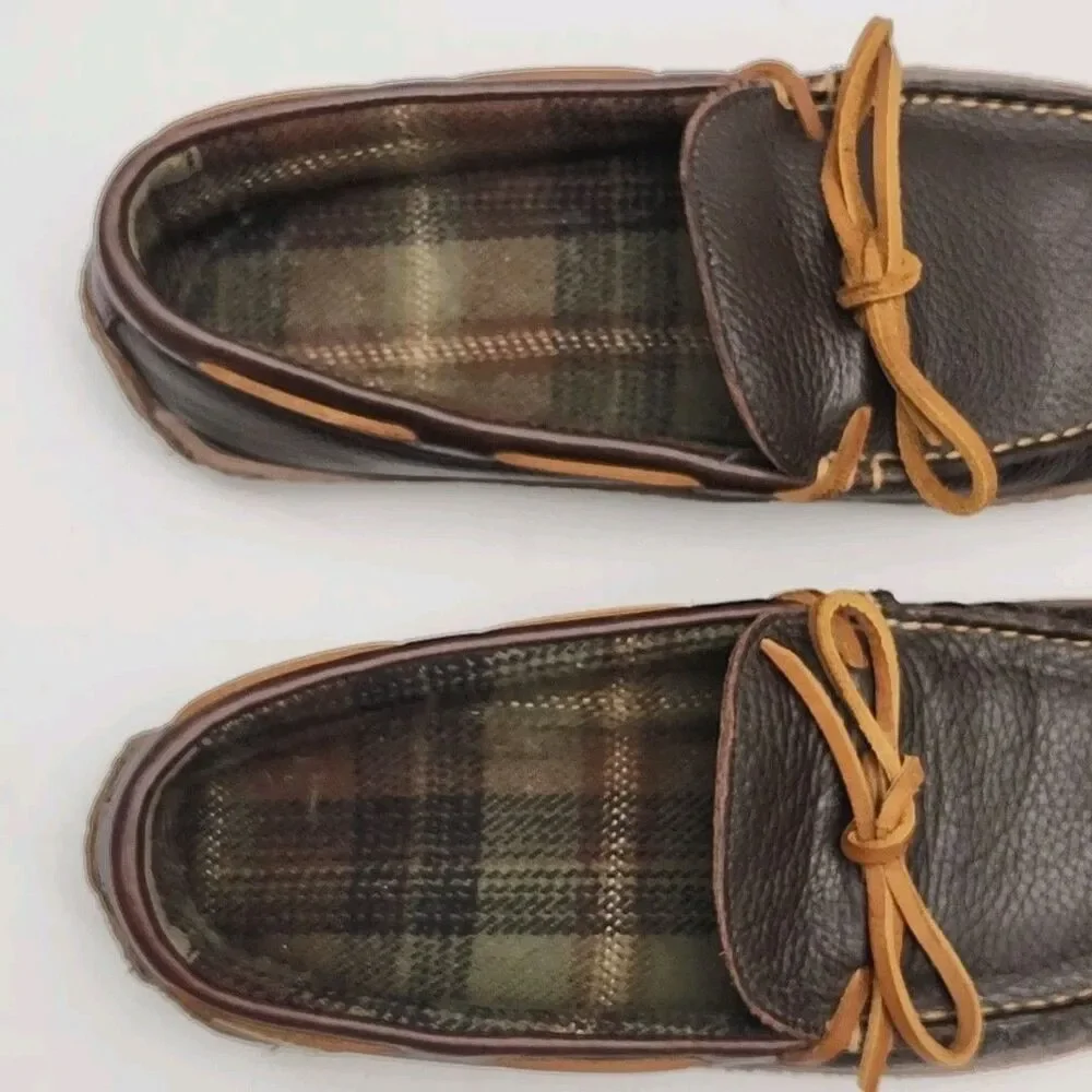 LL Bean Slipper Driving Loafer Men Sz 9 Brown Leather Flannel Line Moccasin Shoe